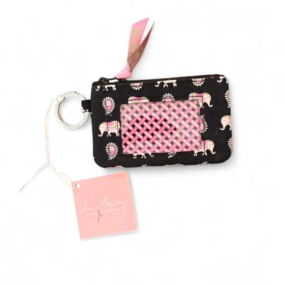 Vera Bradley Pink Elephants Zip ID Case Keychain Wallet NWT Retired Rare